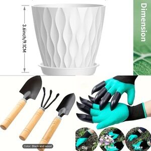 Garden Bundle White Textured Planter with Gardening Tools and Gloves NWT/NWOT